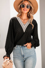 Black Lace Panel V Neck Ruffle Long Sleeve Eyelet Blouse