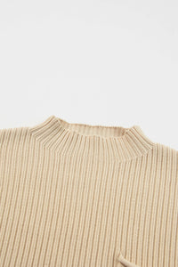 Oatmeal Patch Pocket Ribbed Knit Short Sleeve Sweater