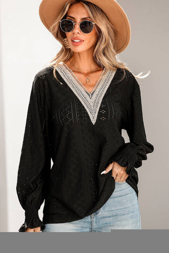 Black Lace Panel V Neck Ruffle Long Sleeve Eyelet Blouse