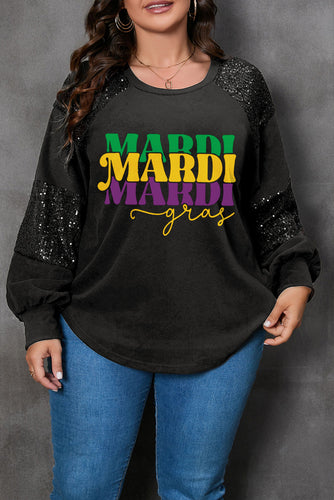 Black MARDI GRAS Graphic Sequin Patch Plus Size Pullover