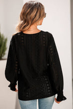 Black Lace Panel V Neck Ruffle Long Sleeve Eyelet Blouse